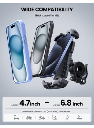 Bike Phone Mount Holder - Motorcycle Phone Mount, Adjustable Cell Phone Holder, Bicycle Scooter Handlebar Cradle Clip for iPhone 16 Pro Max/Plus, iPhone 15 Plus, iPhone 14 and 4.7-6.8" Phone - view 3