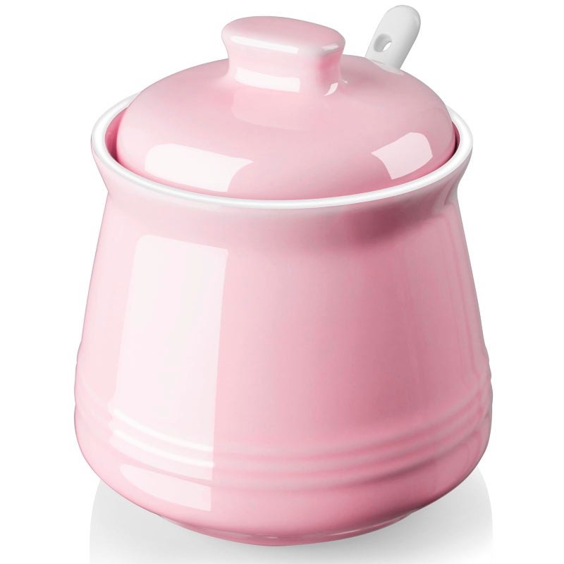 DAYYET Sugar Bowl with Lid and Spoon  12 oz Ceramic Sugar Bowl with Spoon  Sugar Container for Coffee Bar  Sugar Jar Sugar Dispenser Bowl  Pink Kitchen Decor and Accessories