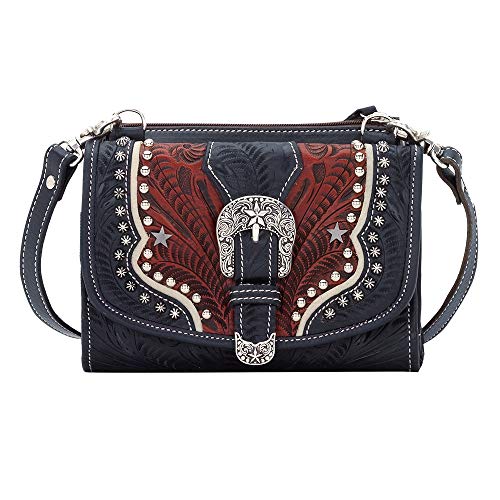 American West Western Leather Crossbody with Wallet for Women - Navy - Image 3