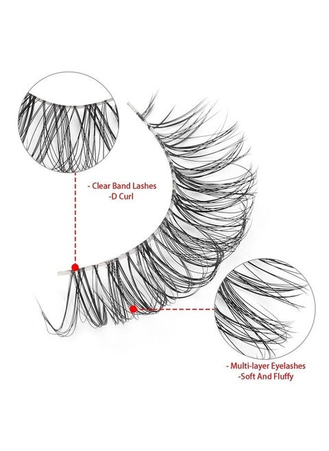 Cat Eye Lashes Looks Like Eyelash Extensions, Russian Strip Lashes Clear Band Natural Look Wispy Lashes, D Curl Fluffy Volume Cross Multi layered Invisible Band Eyelashes (02B)