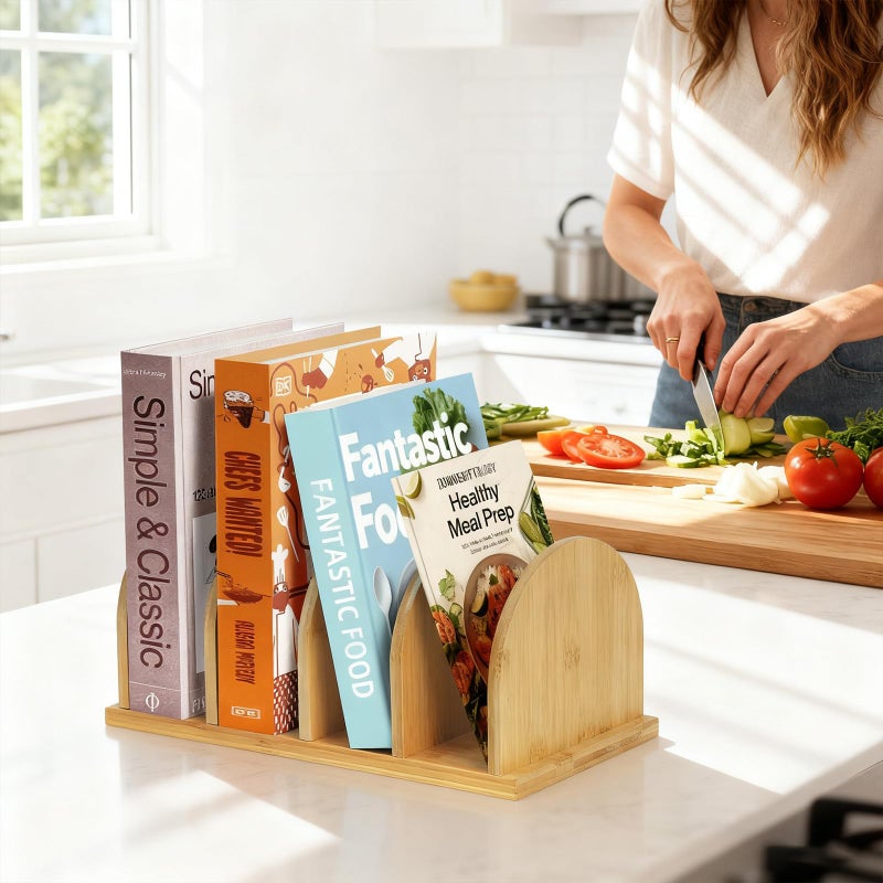 Deefielly Bamboo Cook Book Organizer, Desktop Bookshelf, Convenient Book Stand, 4-Slot Recipe Holder, Table Cookbook Storage for Home & Kitchen - Image 2