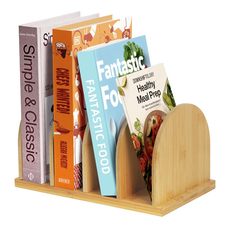 Deefielly Bamboo Cook Book Organizer, Desktop Bookshelf, Convenient Book Stand, 4-Slot Recipe Holder, Table Cookbook Storage for Home & Kitchen - Image 1