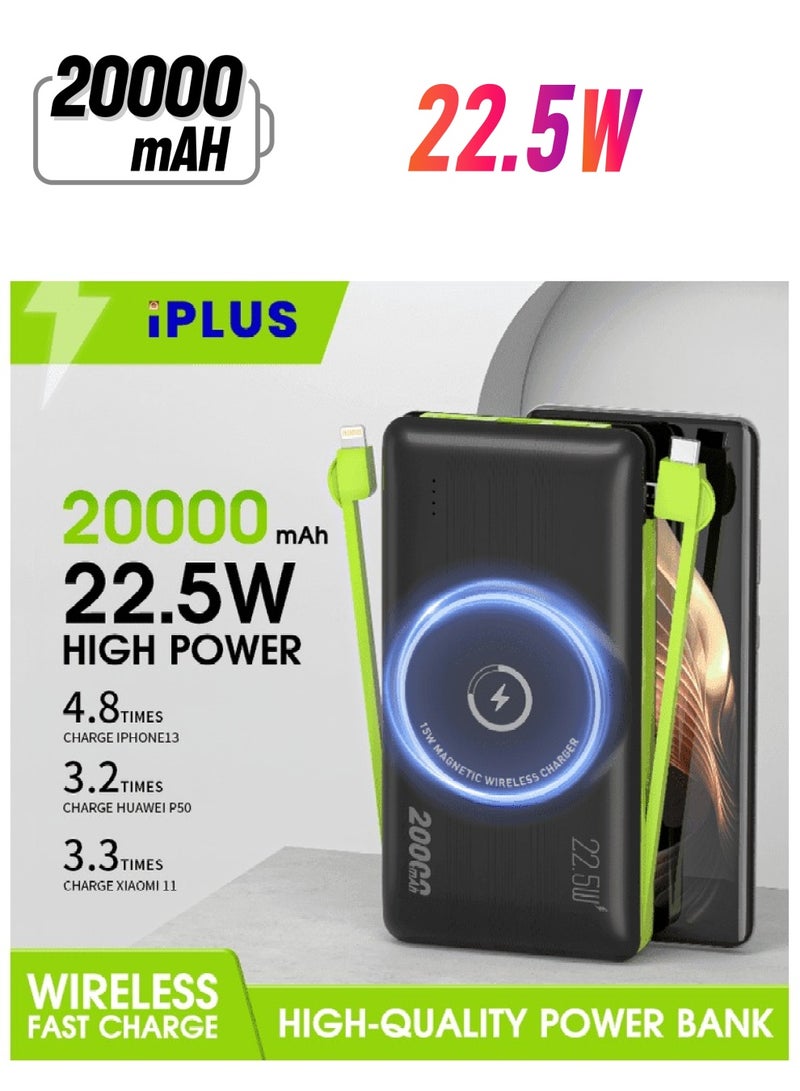 iPLUS 20000mAh 22.5W High Power Magnetic Wireless Fast Charging Power Bank with Built-in Lightning and USB-C/Type-C Cables for iPhone, Huawei, and Xiaomi Devices - Image 1