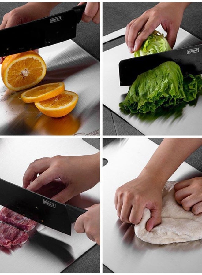 أوتدور.ماركت لوح تقطيع من الستانلس ستيل 304 للمطبخ (34×24 سم) – لوح تقطيع مزدوج الجانبين من الفولاذ الغذائي لتقطيع اللحوم والخضروات والفواكه والجبن، قوي، مضاد للانزلاق وسهل التنظيف ومقاوم للصدأ - Image 2