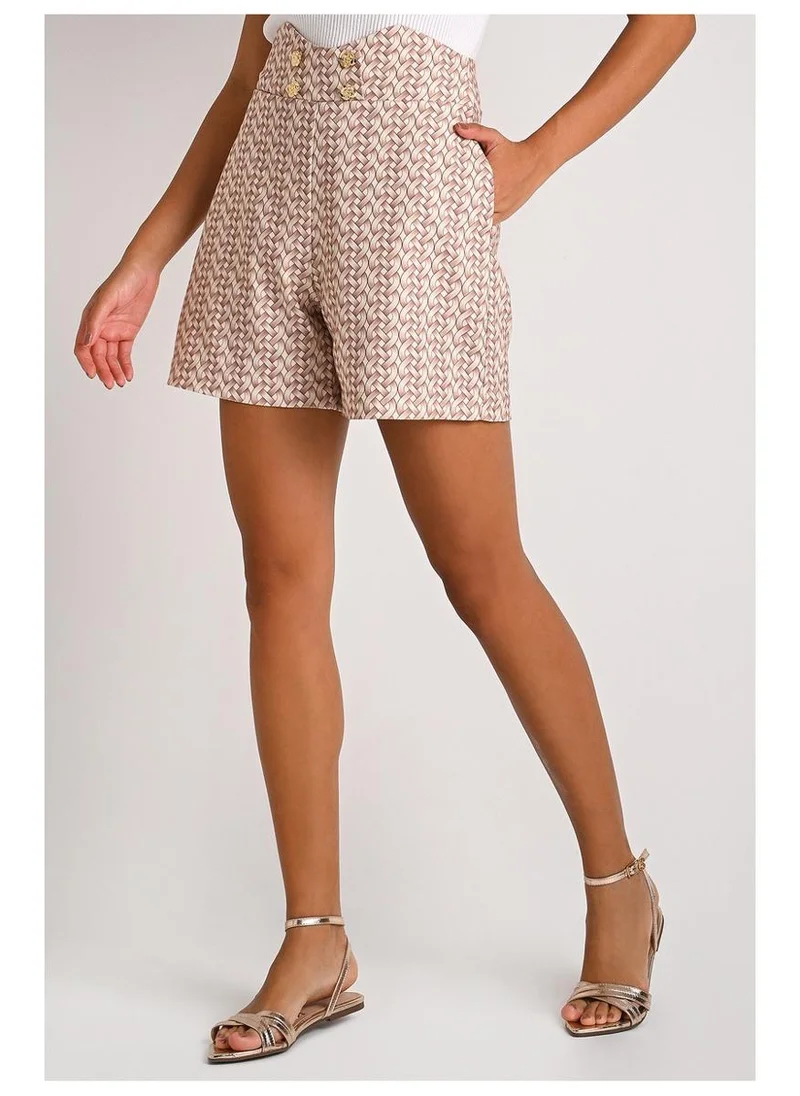 Shorts with Cufflink Detail on Printed Waistband