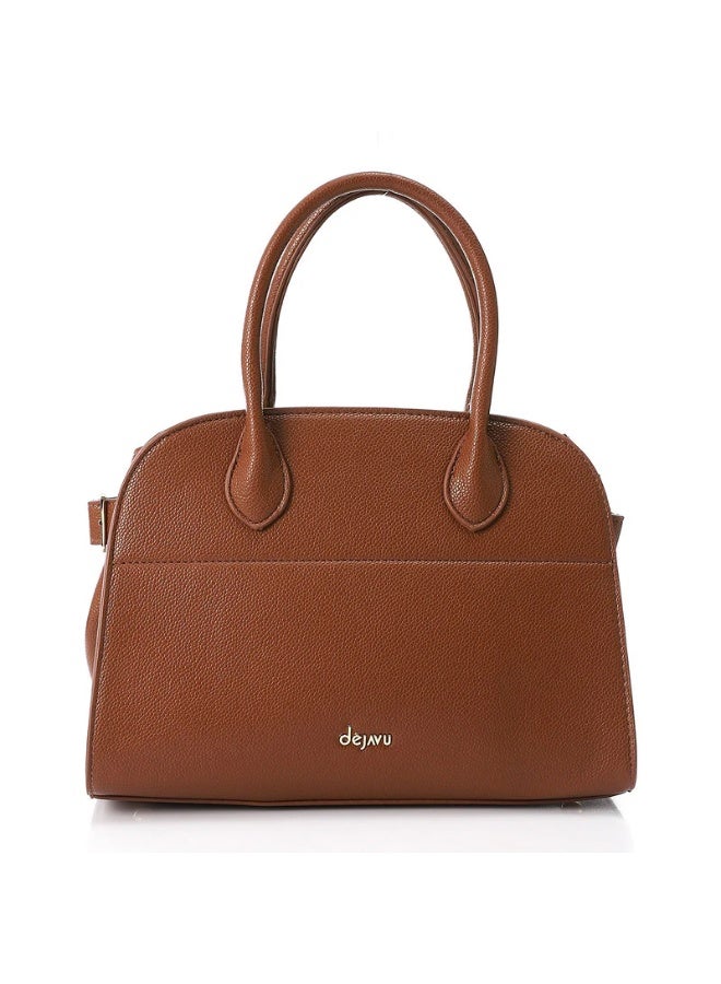 DejaVu Brown Plain Bowler Leather Zipper Closure Handbag - Image 1
