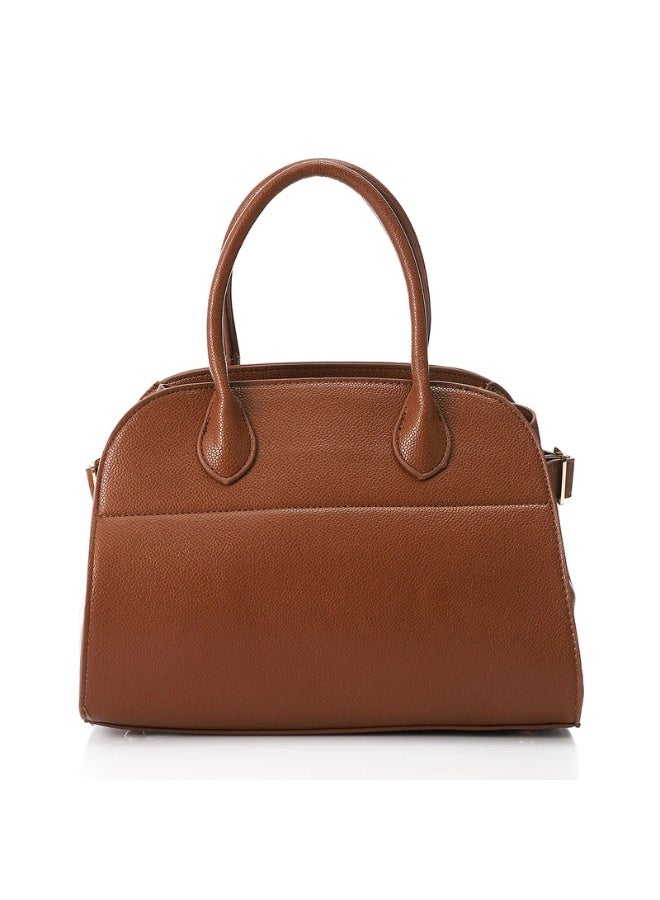 DejaVu Brown Plain Bowler Leather Zipper Closure Handbag - Image 5