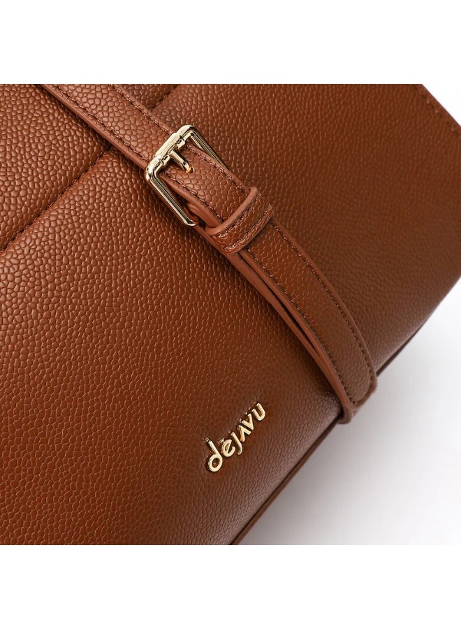 DejaVu Brown Plain Bowler Leather Zipper Closure Handbag - Image 4