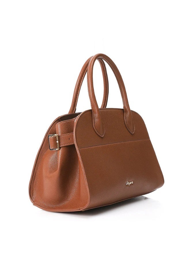 DejaVu Brown Plain Bowler Leather Zipper Closure Handbag - Image 2