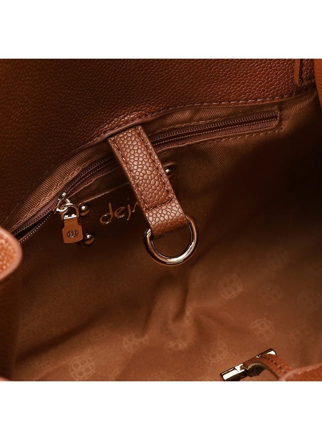 DejaVu Brown Plain Bowler Leather Zipper Closure Handbag - Image 3