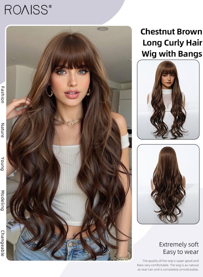 roaiss Chestnut Brown Long Curly Hair Wig with Bangs, Women's Natural Soft Synthetic Heat Resistant Hair Wig with bangs for Wedding Cosplay Party Daily Wear, 76cm (30 inches) - Image 1