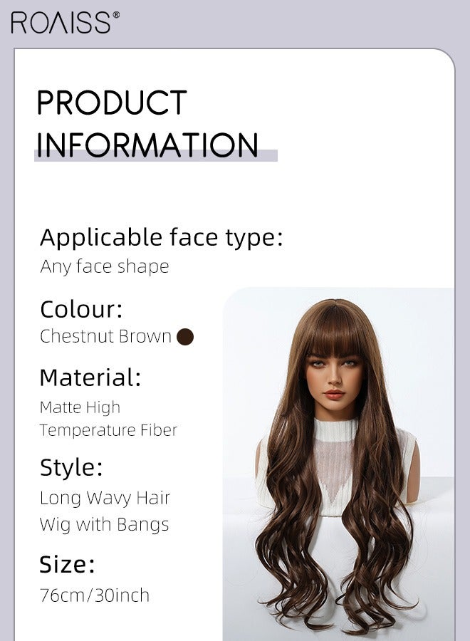 roaiss Chestnut Brown Long Curly Hair Wig with Bangs, Women's Natural Soft Synthetic Heat Resistant Hair Wig with bangs for Wedding Cosplay Party Daily Wear, 76cm (30 inches) - Image 2