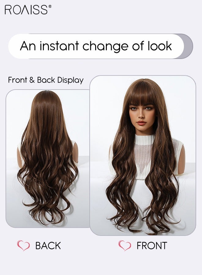 roaiss Chestnut Brown Long Curly Hair Wig with Bangs, Women's Natural Soft Synthetic Heat Resistant Hair Wig with bangs for Wedding Cosplay Party Daily Wear, 76cm (30 inches) - Image 3