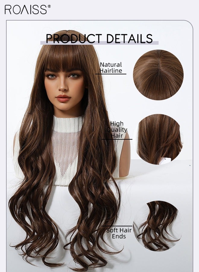 roaiss Chestnut Brown Long Curly Hair Wig with Bangs, Women's Natural Soft Synthetic Heat Resistant Hair Wig with bangs for Wedding Cosplay Party Daily Wear, 76cm (30 inches) - Image 4