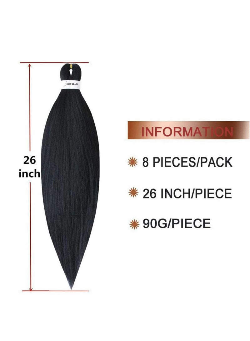 8 Pack Braid Pre Stretched Braiding Hair Braid Professional Hair Yaki Synthetic Hair 8 Packs 26 Inch (Black)