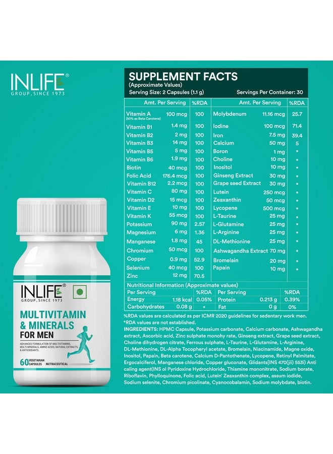 INLIFE متعدد الفيتامينات للرجال مع البيوتين والجينسنغ والأشواغاندا والزنك والمغنيسيوم وفيتامين D3 وB12 والمعادن والأحماض الأمينية ومضادات الأكسدة - 60 كبسولة (عبوة من 2، 120)  - Image 2