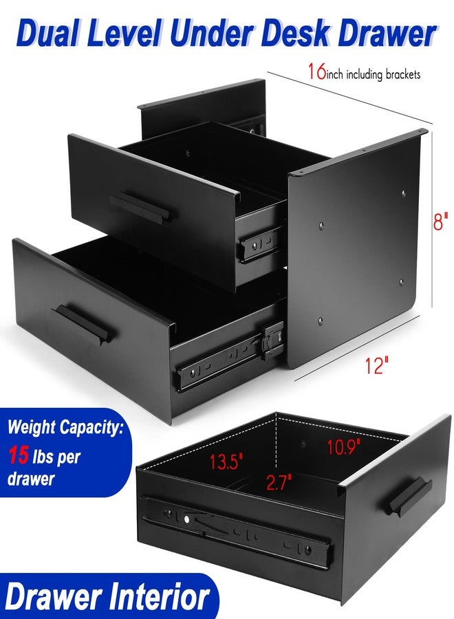 Menkxi 16 inch Under Desk Drawer Storage Pull out Storage Organizer Mounted Metal Sliding Hidden Under Counter Drawer Vertically Stacked for Office Sit Stand Workstation (2 Layer) - Image 2