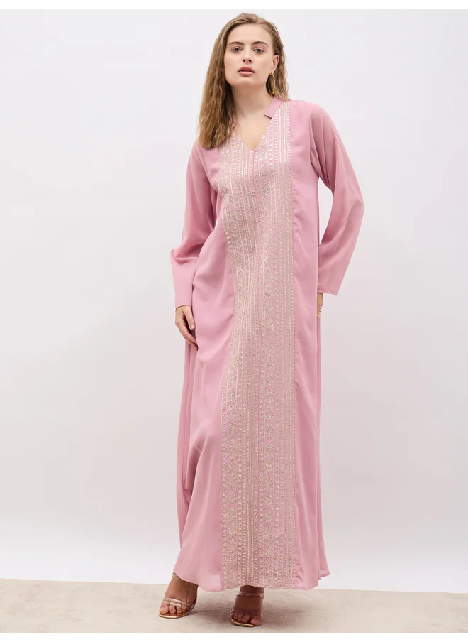 Styli Styli Sequin Embroidered Panelled Jalabiya with Collar