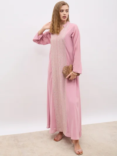 Styli Sequin Embroidered Panelled Jalabiya with Collar