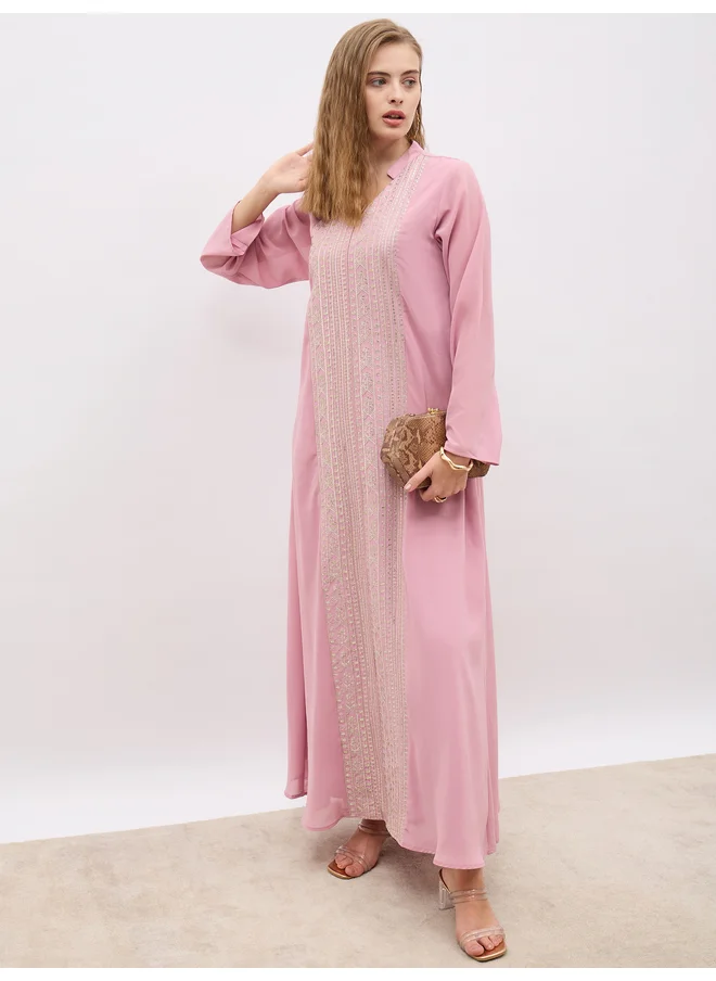 Styli Styli Sequin Embroidered Panelled Jalabiya with Collar