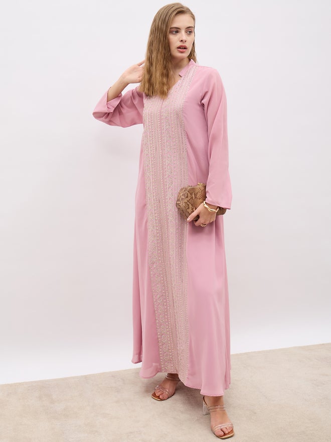 Styli Styli Sequin Embroidered Panelled Jalabiya with Collar  - Image 1