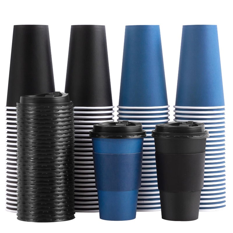 SIUQ 100 Pack 16 oz Disposable Coffee Cups with Lids and Sleeves, To Go Paper Cups, Hot & Cold Drinking Cups for Tea, Coffee, Water, Hot Chocolate, Paper Coffee Cups Ideal for Home,Cafes,Store - Image 1