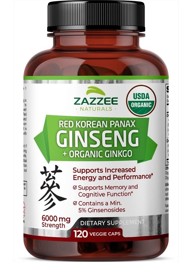 Zazzee USDA Organic Red Korean Panax Ginseng 6000 mg Strength, 120 Vegan Capsules, 20:1 Extract, 5% Ginsenosides, Extra Strength, with Organic Ginkgo 10:1 Extract, Concentrated Root Extract, Non-GMO - Image 1