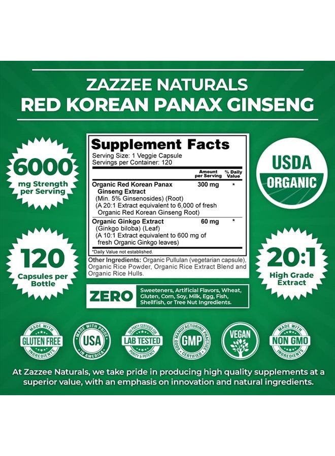 Zazzee USDA Organic Red Korean Panax Ginseng 6000 mg Strength, 120 Vegan Capsules, 20:1 Extract, 5% Ginsenosides, Extra Strength, with Organic Ginkgo 10:1 Extract, Concentrated Root Extract, Non-GMO - Image 2