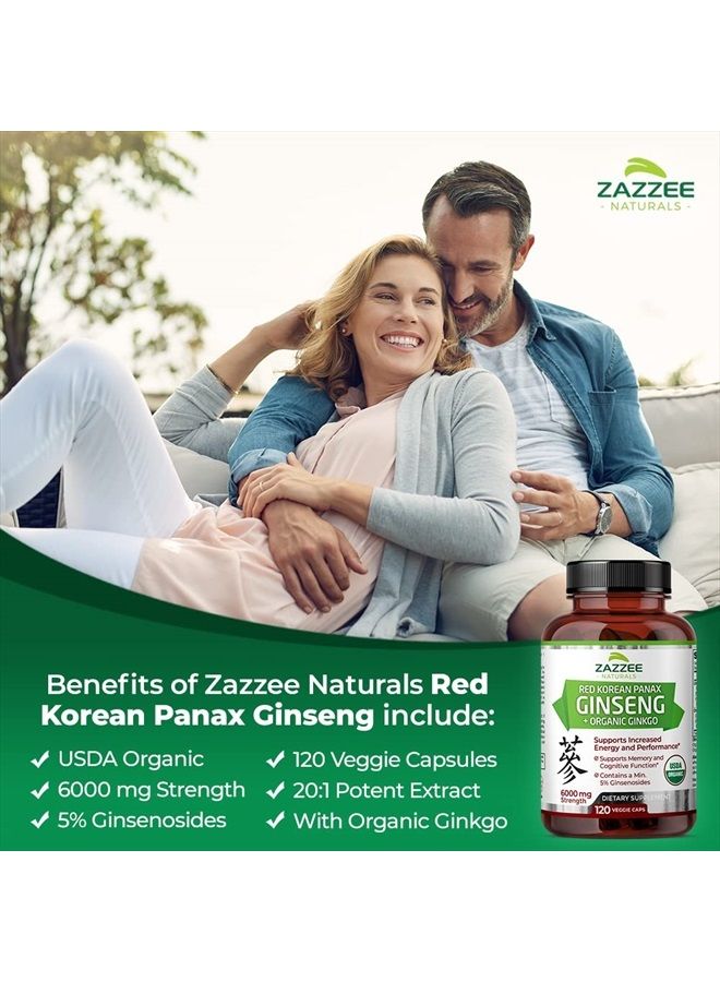 Zazzee USDA Organic Red Korean Panax Ginseng 6000 mg Strength, 120 Vegan Capsules, 20:1 Extract, 5% Ginsenosides, Extra Strength, with Organic Ginkgo 10:1 Extract, Concentrated Root Extract, Non-GMO - Image 4