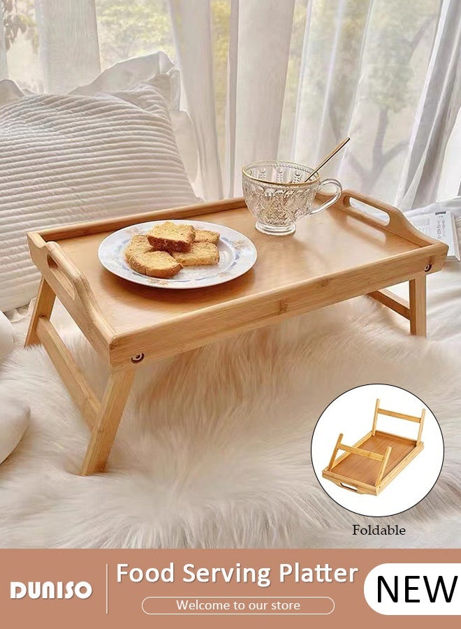 DUNISO Bamboo Food Serving Platter Wooden Tray Bamboo Bed Tray With Folding Legs Great For Portable Lazy Table for Working Reading, Kitchen, Hotels Bars, Coffee, Breakfast In Bed & Tea - Wooden Table - Image 1