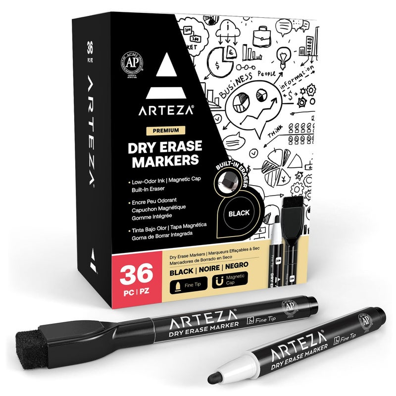 ARTEZA Black Dry Erase Markers with Erasers, Pack of 36, Fine Tip, Magnetic Whiteboard Markers for School - Image 1