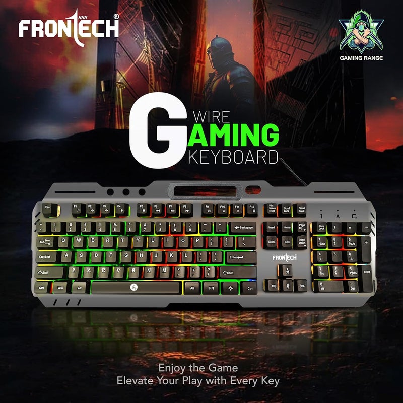 FRONTECH Wired Gaming Keyboard with 104 Keys | Rainbow Backlight Effect | Membrane Keys with 1.5M Braided Cable | USB Plug & Play | Ergonomic Design (KB-0049, Grey & Black) - Image 2