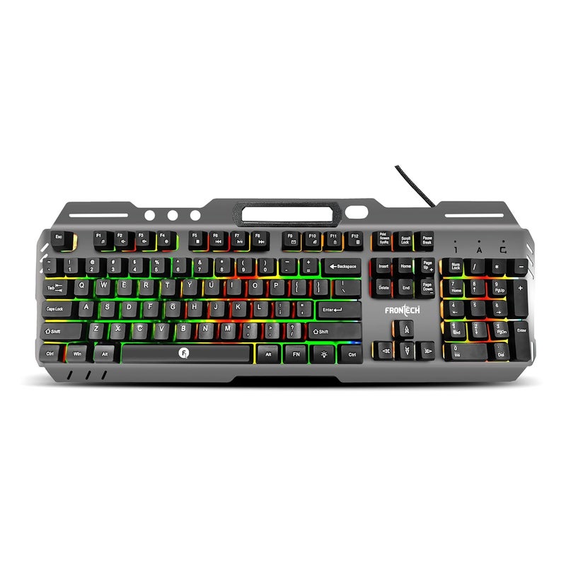 FRONTECH Wired Gaming Keyboard with 104 Keys | Rainbow Backlight Effect | Membrane Keys with 1.5M Braided Cable | USB Plug & Play | Ergonomic Design (KB-0049, Grey & Black) - Image 1