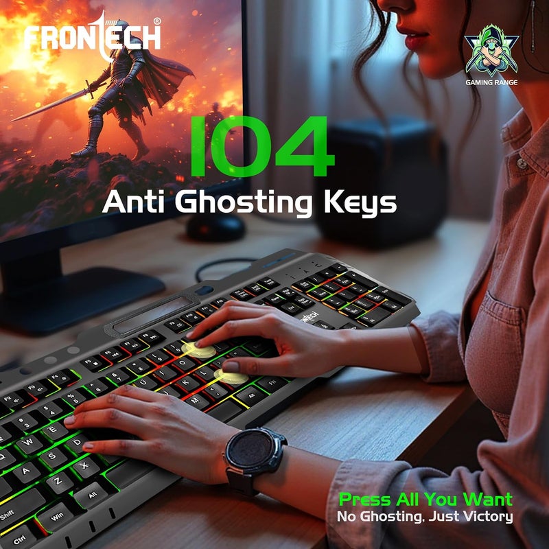 FRONTECH Wired Gaming Keyboard with 104 Keys | Rainbow Backlight Effect | Membrane Keys with 1.5M Braided Cable | USB Plug & Play | Ergonomic Design (KB-0049, Grey & Black) - Image 3