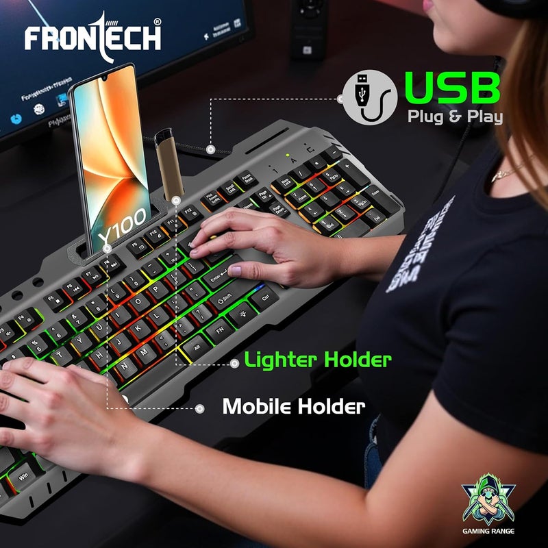 FRONTECH Wired Gaming Keyboard with 104 Keys | Rainbow Backlight Effect | Membrane Keys with 1.5M Braided Cable | USB Plug & Play | Ergonomic Design (KB-0049, Grey & Black) - Image 5