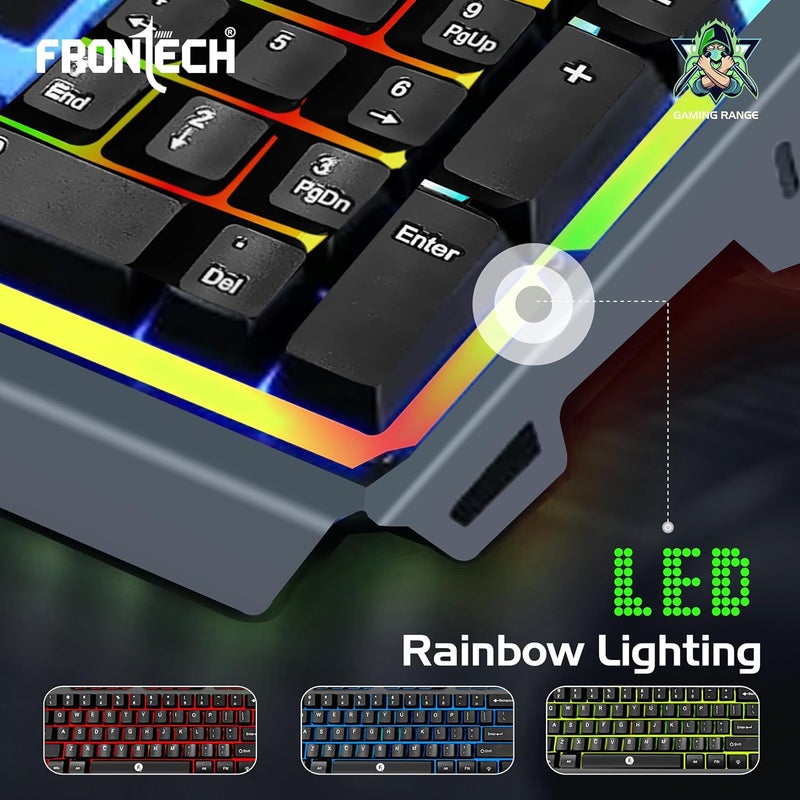 FRONTECH Wired Gaming Keyboard with 104 Keys | Rainbow Backlight Effect | Membrane Keys with 1.5M Braided Cable | USB Plug & Play | Ergonomic Design (KB-0049, Grey & Black) - Image 4