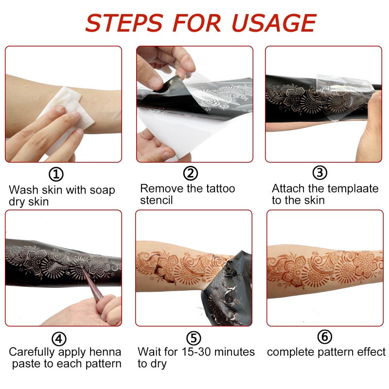 Mzstgh Henna Stencils 9 Sheet Henna Tattoo Kit, Reusable Henna Stickers for Hand Forearm Indian Arabian Self Adhesive Tattoo Templates - Image 5