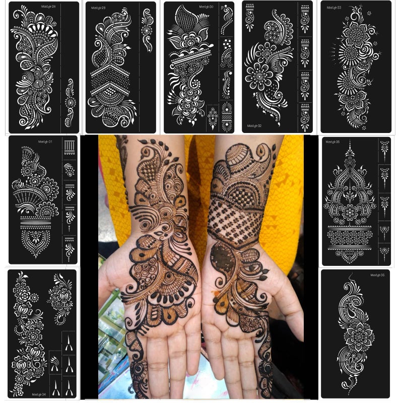 Mzstgh Henna Stencils 9 Sheet Henna Tattoo Kit, Reusable Henna Stickers for Hand Forearm Indian Arabian Self Adhesive Tattoo Templates - Image 1