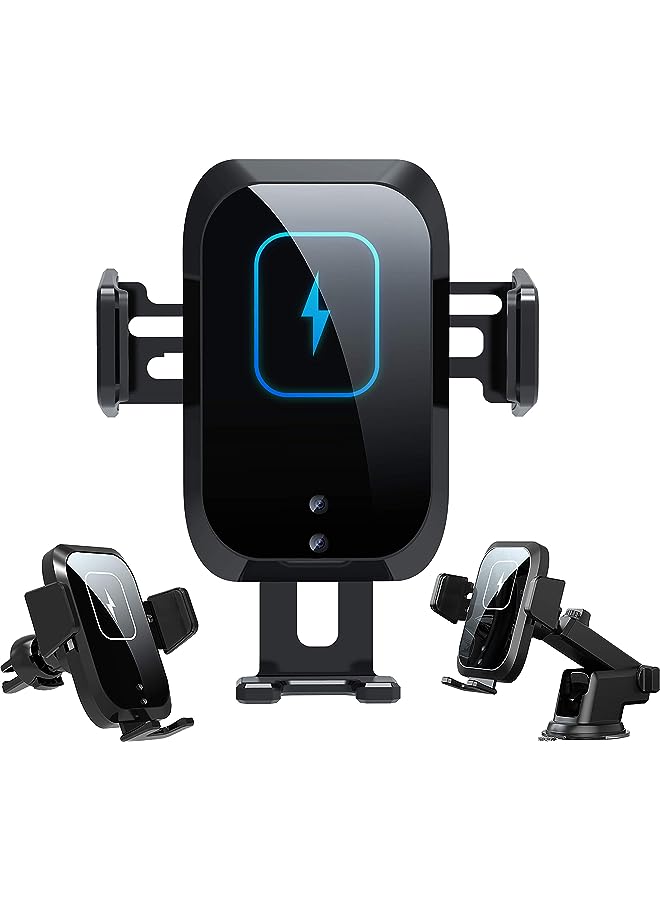SUPREME Wireless Car Charger, 15W Qi Fast Charging Phone Holder for Car Air Vent and Dashboard/Windscreen, Auto-clamping Car Mount/Cradle Compatible for S22/S21/S20, iPhone 11/12/13/14 series (Black) - Image 1
