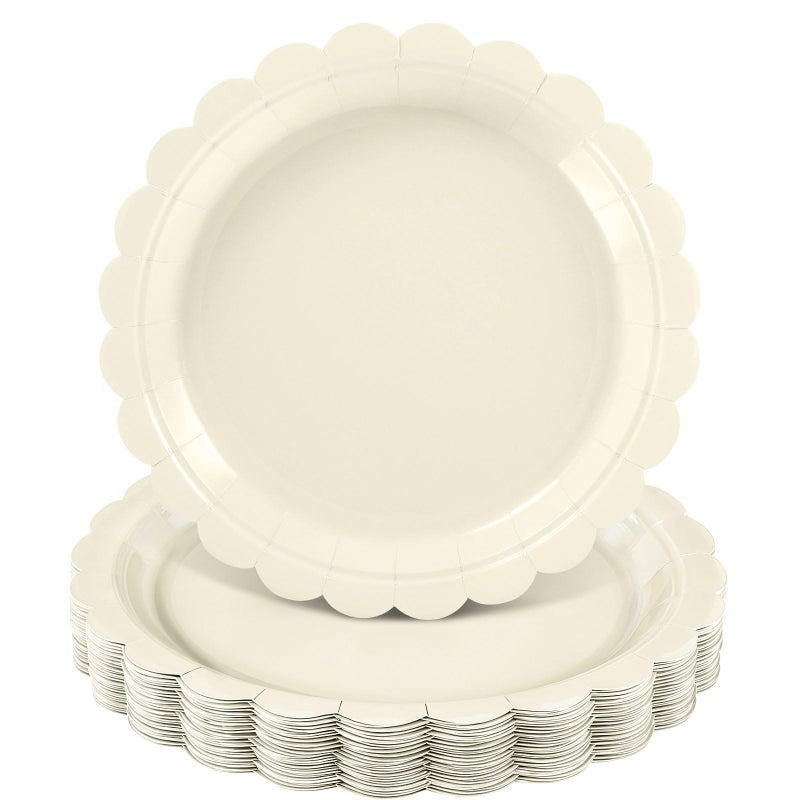 NatNarr 30 Pcs Ivory Paper Plates 9 Inch Disposable Scalloped Cream Plates Cute Beige Dessert Cake Plate Party Dinner Plate for Baby Shower, Wedding, Bridal Shower - Image 1