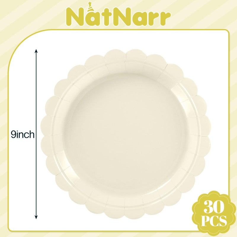 NatNarr 30 Pcs Ivory Paper Plates 9 Inch Disposable Scalloped Cream Plates Cute Beige Dessert Cake Plate Party Dinner Plate for Baby Shower, Wedding, Bridal Shower - Image 2
