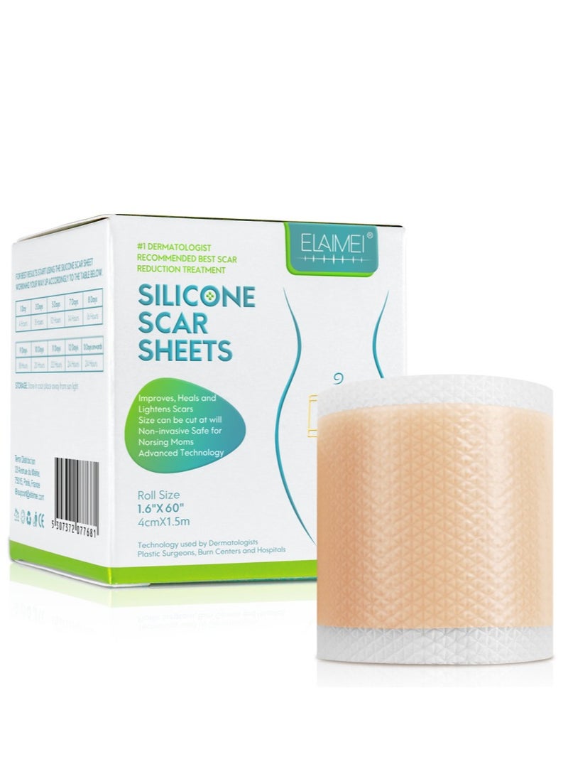 Elaimei Silicone Scar Sheets(1.6'' x 60''Roll-1.5M) - Soft Silicone Gel Scar Tape Painless Silicone Tape Roll - Effective Silicone Scar Removal Strips Sheets  - Image 1