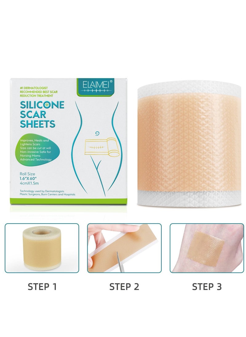 Elaimei Silicone Scar Sheets(1.6'' x 60''Roll-1.5M) - Soft Silicone Gel Scar Tape Painless Silicone Tape Roll - Effective Silicone Scar Removal Strips Sheets  - Image 2