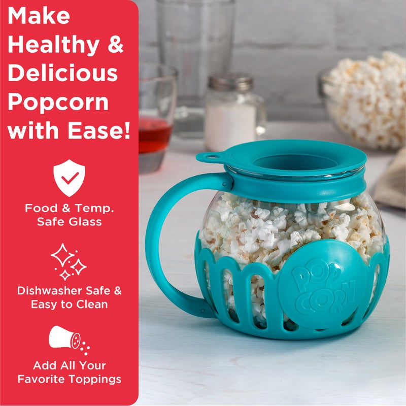 Ecolution Patented Micro-Pop Microwave Popcorn Popper with Temperature Safe Glass, 3-in-1 Lid Measures Kernels and Melts Butter, Made Without BPA, Dishwasher Safe, 1.5-Quart, Teal - Image 2