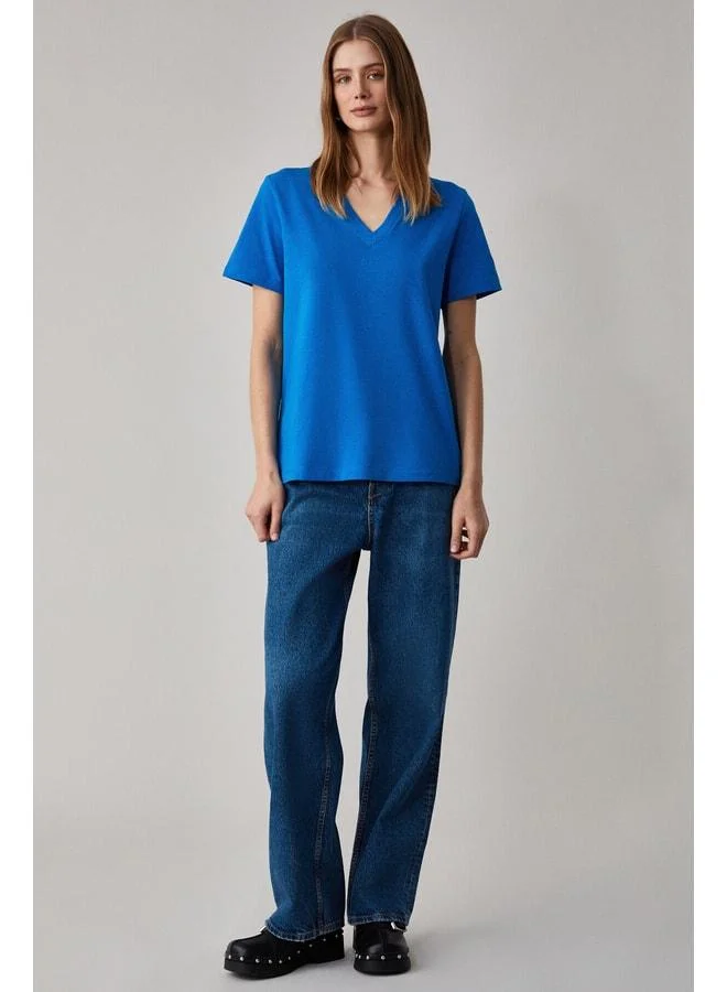 Grimelange ALINE Women's 100% Organic Cotton Deep V-Neck Comfort Fit Parliament Blue T-Shirt.
