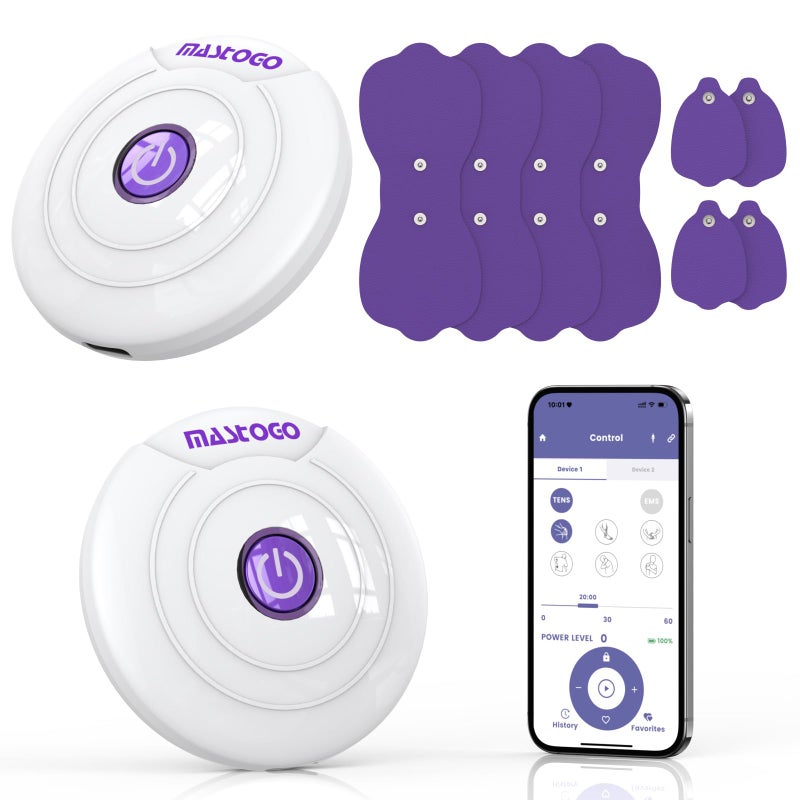 MASTOGO Wireless TENS Unit â€“ Two Portable TENS Unit Muscle Stimulators for Pain Relief, Featuring 6 TENS Modes and 6 EMS Modes with a Stylish PU Carrying Case and Can be Controlled Via an APP. - Image 1
