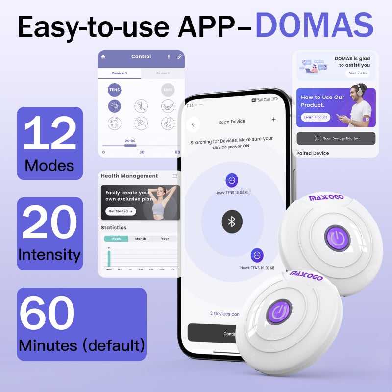 MASTOGO Wireless TENS Unit â€“ Two Portable TENS Unit Muscle Stimulators for Pain Relief, Featuring 6 TENS Modes and 6 EMS Modes with a Stylish PU Carrying Case and Can be Controlled Via an APP. - Image 2