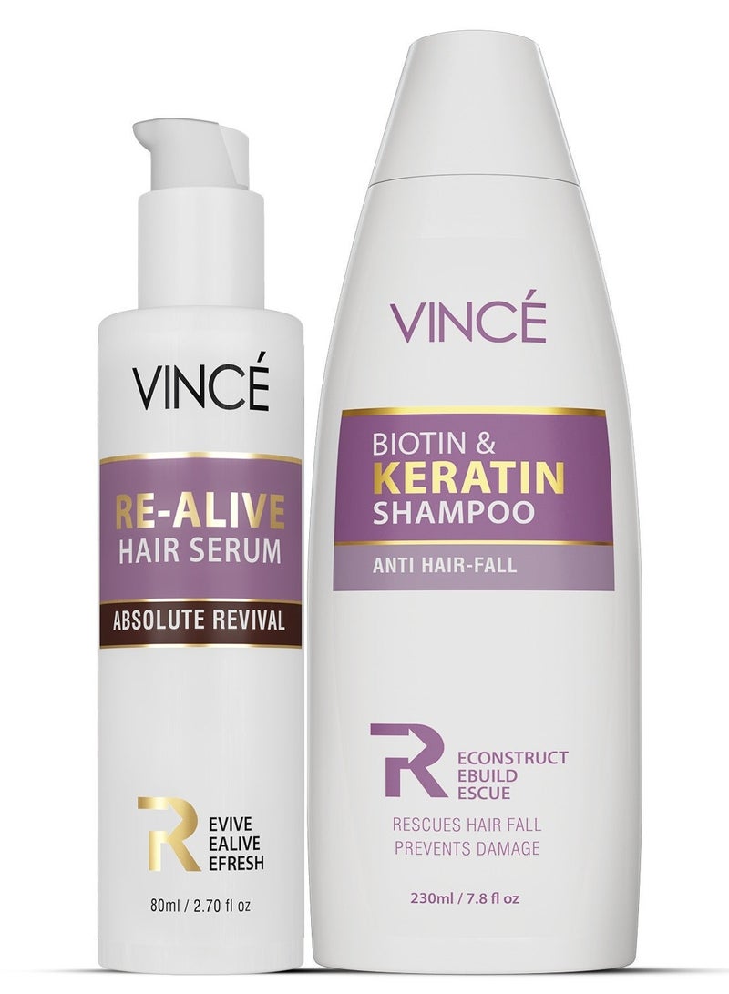 VINCE Deep Hair Repair Combo – Biotin & Keratin Shampoo 230ml + Hair Serum 80ml – Controls Hair Fall, Repairs Dry & Damaged Hair, Strengthens Hair Follicles – Leaves Hair Smooth, Soft, and Shiny