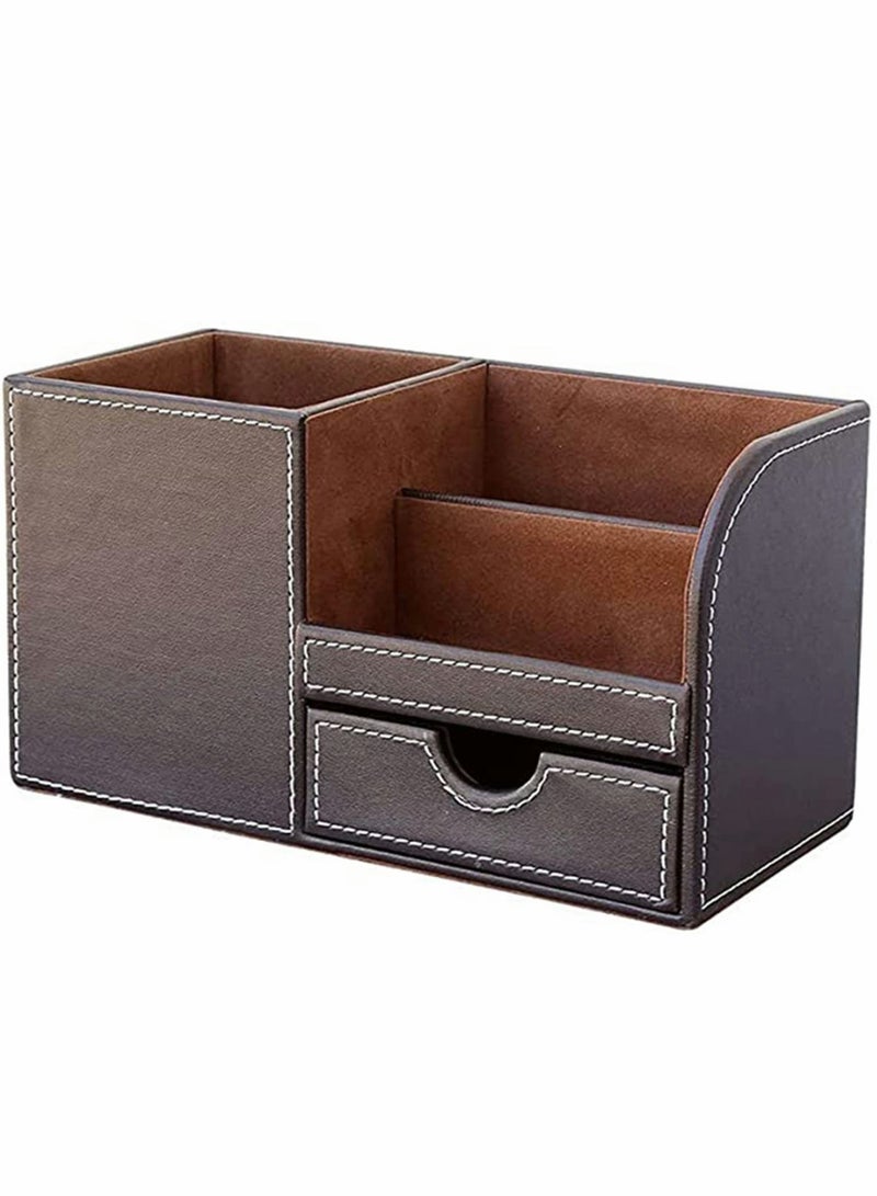 KASTWAVE Leather Desk Organizer Pen Pencil Holder, Stationery Storage Box, Multi-Function Office Desk Organizer, with Small Drawer for Pen, Phone, Pencil, Remote Control (Brown) - Image 4