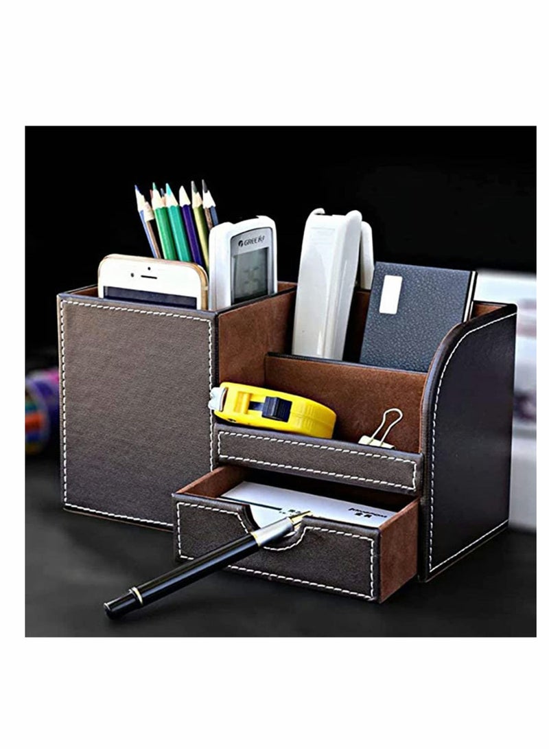 KASTWAVE Leather Desk Organizer Pen Pencil Holder, Stationery Storage Box, Multi-Function Office Desk Organizer, with Small Drawer for Pen, Phone, Pencil, Remote Control (Brown) - Image 3